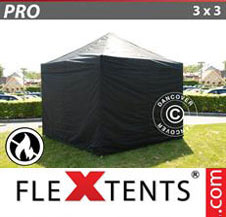 Pop up Canopy FleXtents PRO 3x3 m Black, Flame retardant, incl. 4 sidewalls